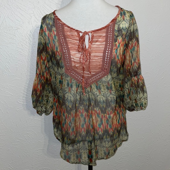 Gibson Chiffon Sheer Lightweight Bell Sleeve Boho Tunic Blouse Medium - Picture 1 of 9